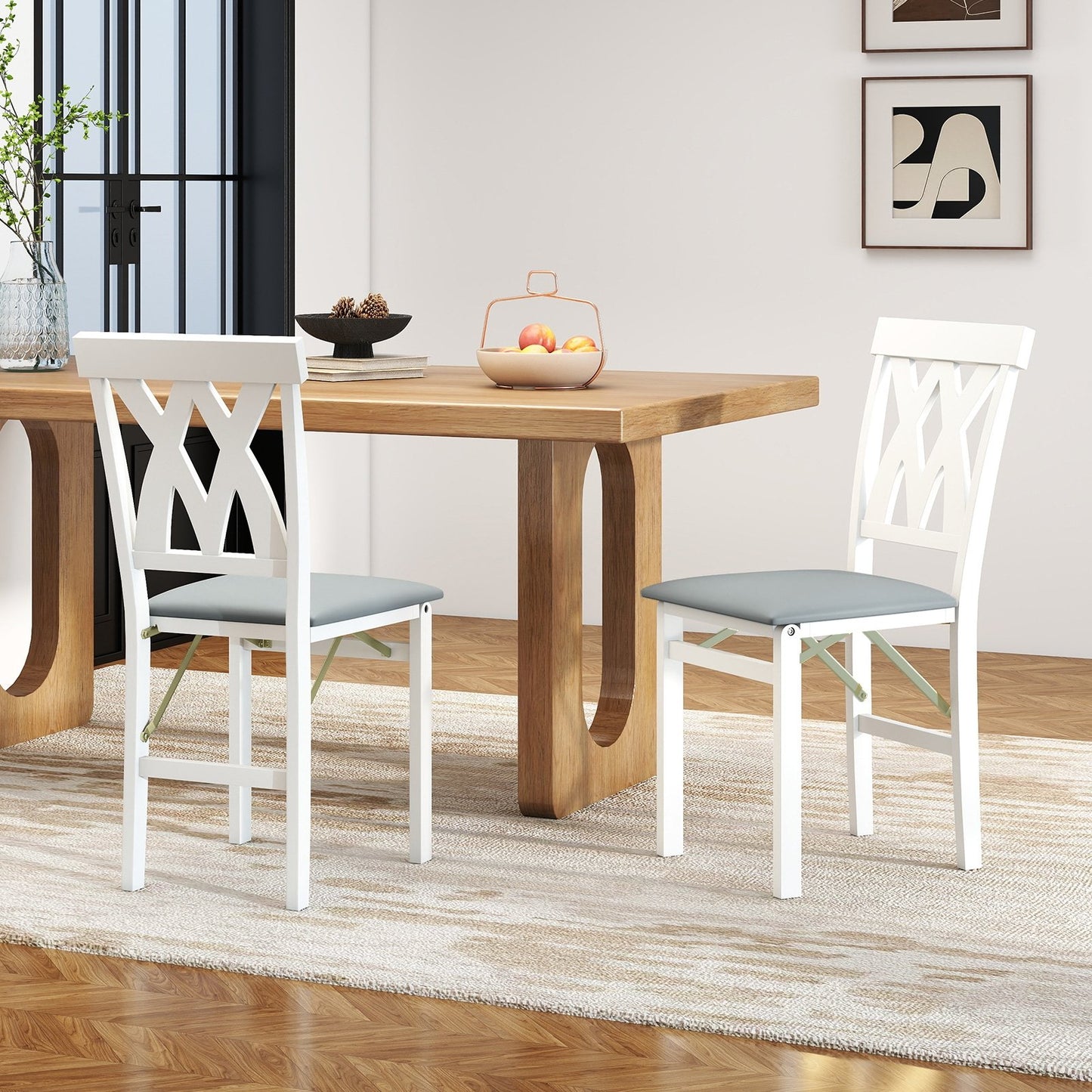 Folding Wooden Dining Chair Set of 2 Faux Leather Upholstered Kitchen Armless Chairs-Walnut