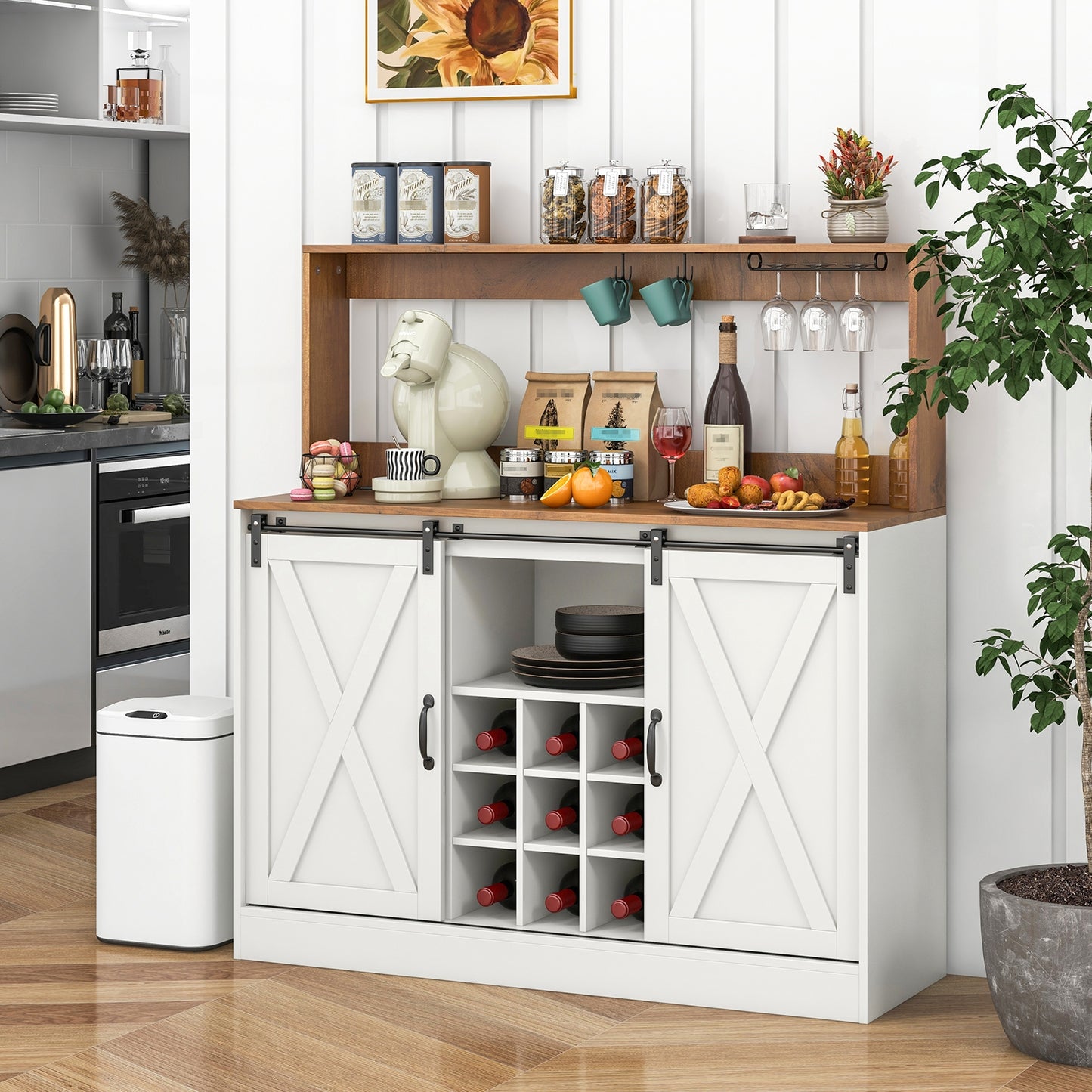 Farmhouse Coffee Bar Cabinet with Charging Station and Sliding Barn Doors-White