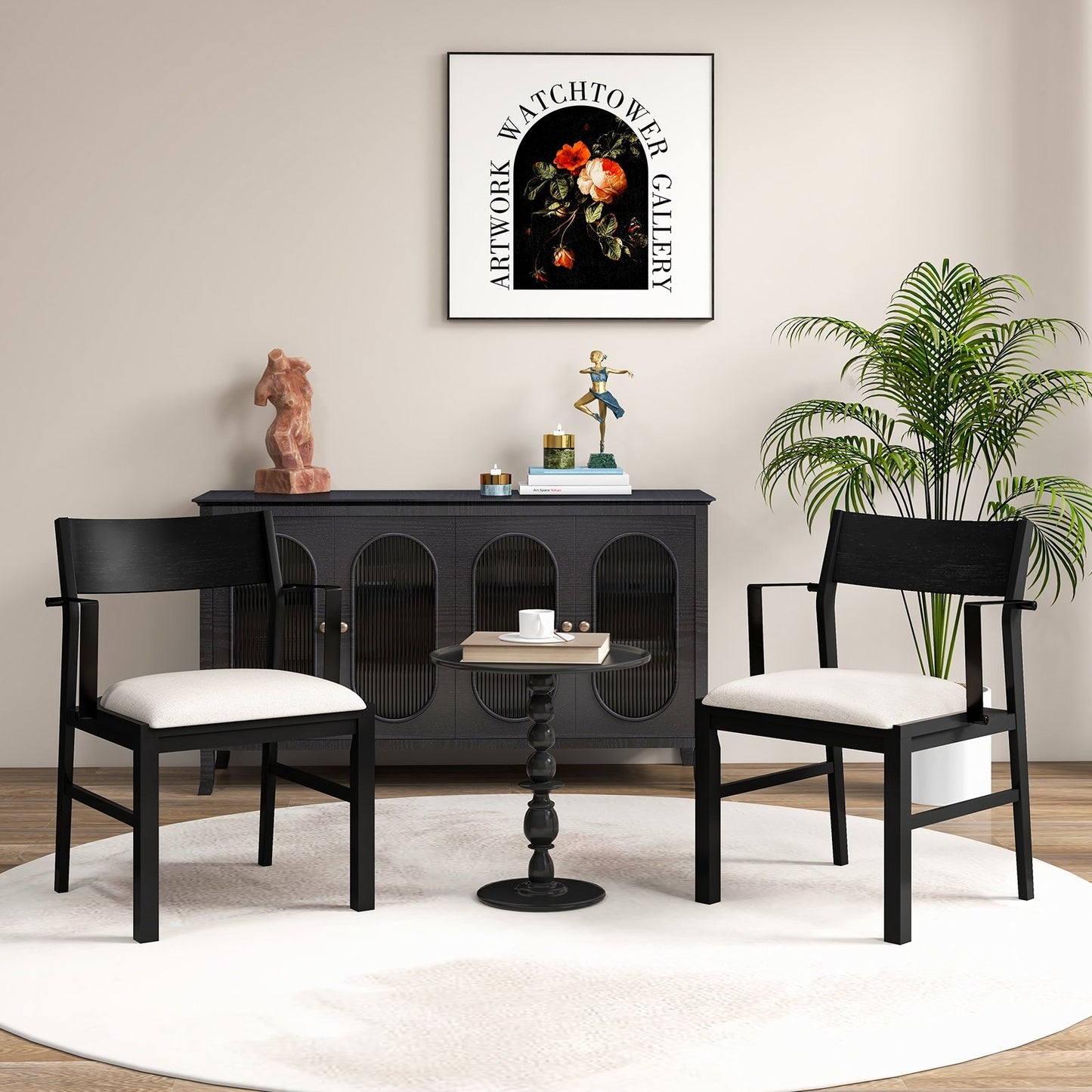 Dining Chair with Contoured Backrest and Padded Seat Set of 2-Beige