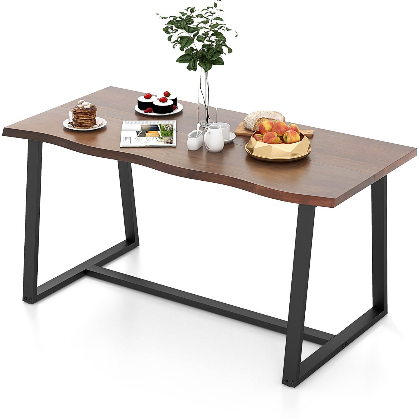 63" Large Dining Table with Wavy Edge and Heavy-duty Metal Frame-Black
