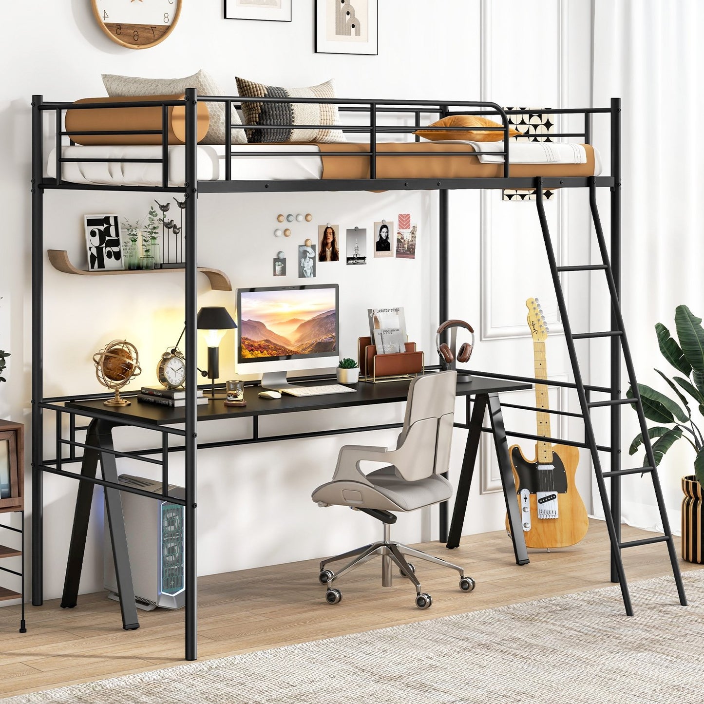 Twin Size Loft Bed Metal Bed Frame with Ladder and Guardrails-Black