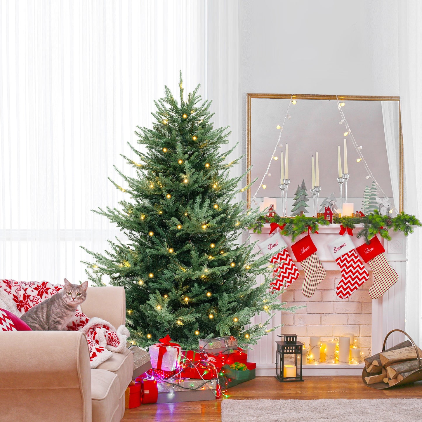 8 FT Pre-Lit Artificial Hinged Xmas Tree with 1480 PVC and PE Branch Tips-XL