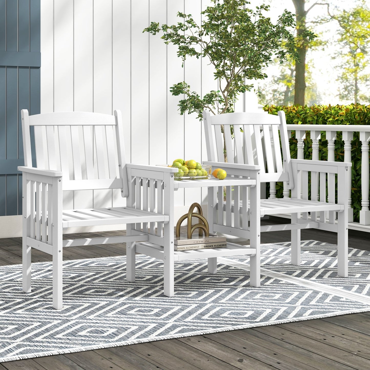 Outdoor Fir Wood Loveseat with 2-Tier Side Table and 1.96" Umbrella Hole-Coffee