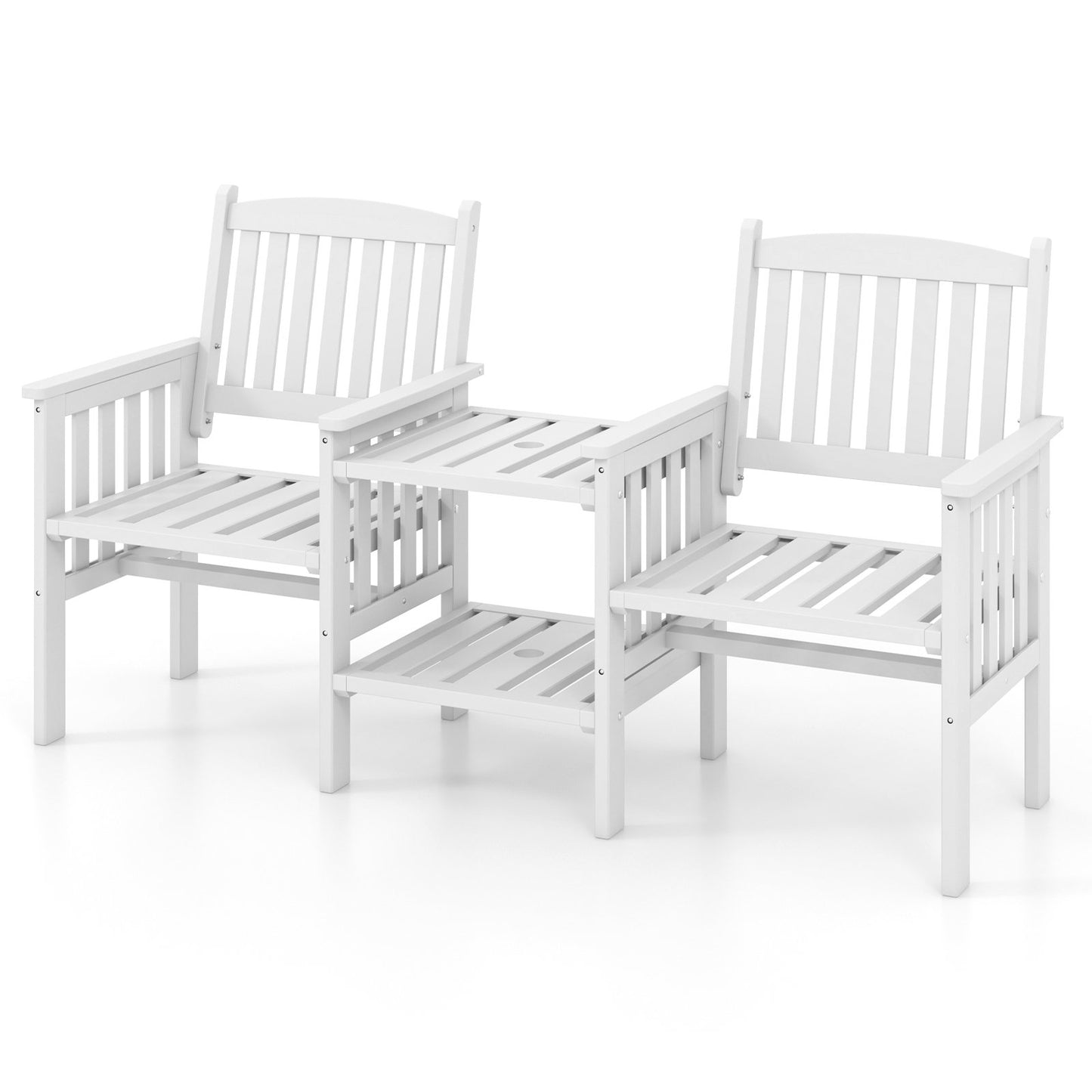 Outdoor Fir Wood Loveseat with 2-Tier Side Table and 1.96" Umbrella Hole-Coffee