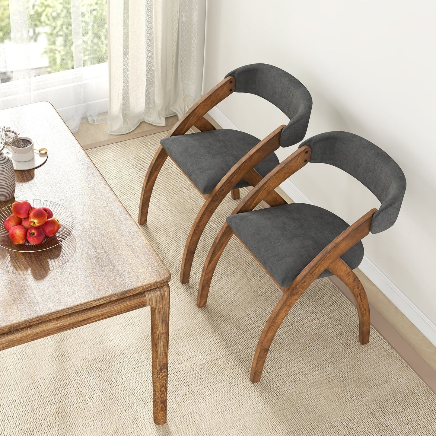 Dining Chair Set of 2 with Padded Cushion and Curved Back for Living Room-Walnut