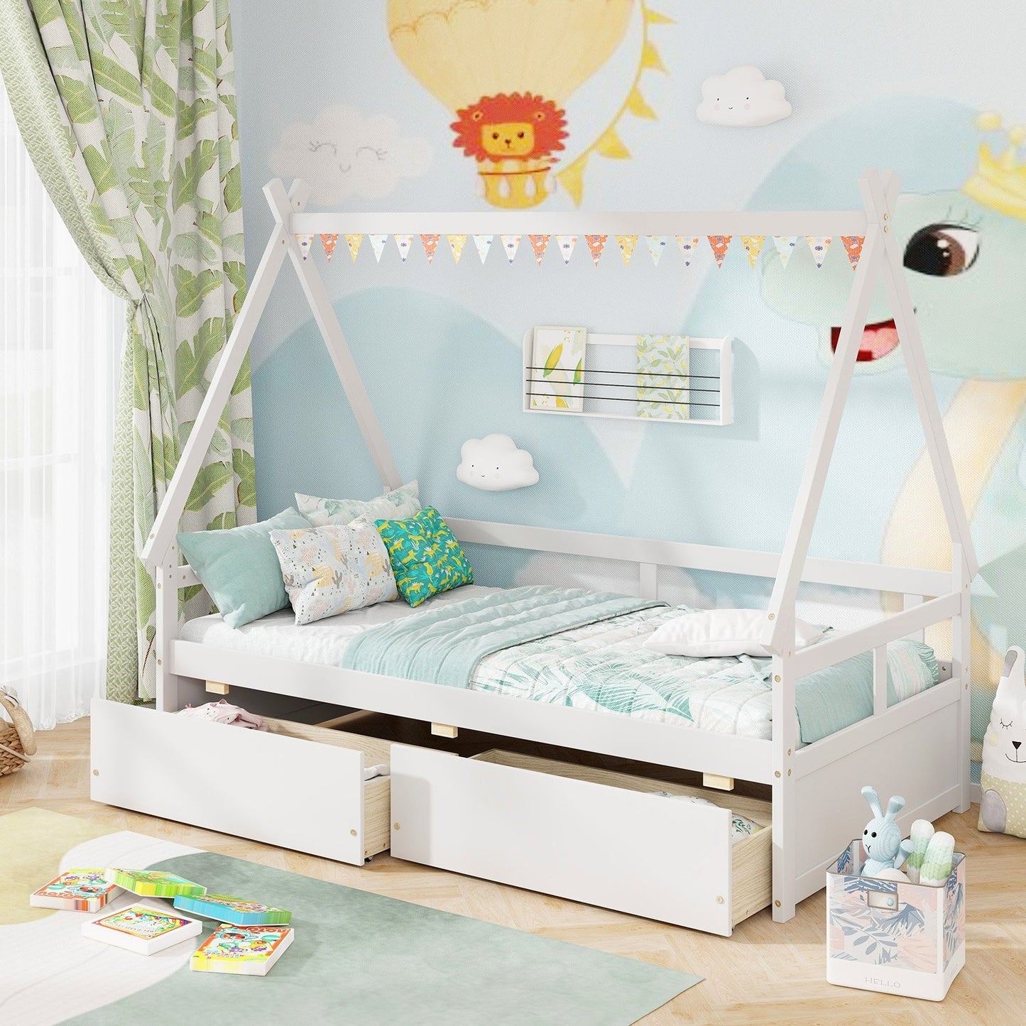 Twin Size House Bed with Roof and Safety Guardrail-Gray
