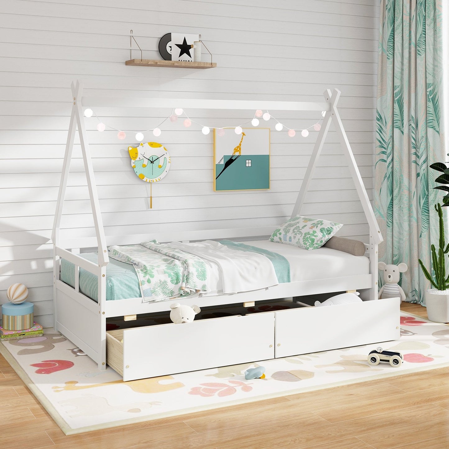 Twin Size House Bed with Roof and Safety Guardrail-Gray