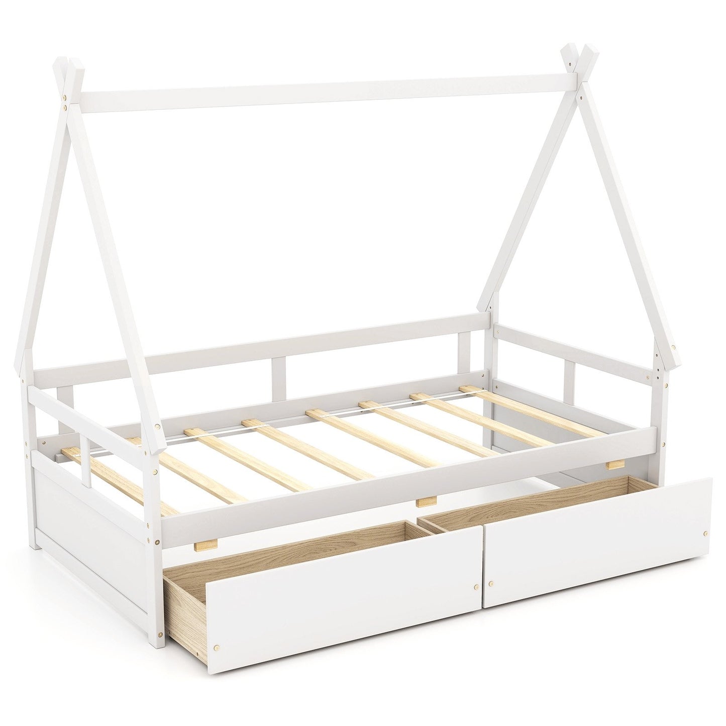 Twin Size House Bed with Roof and Safety Guardrail-Gray
