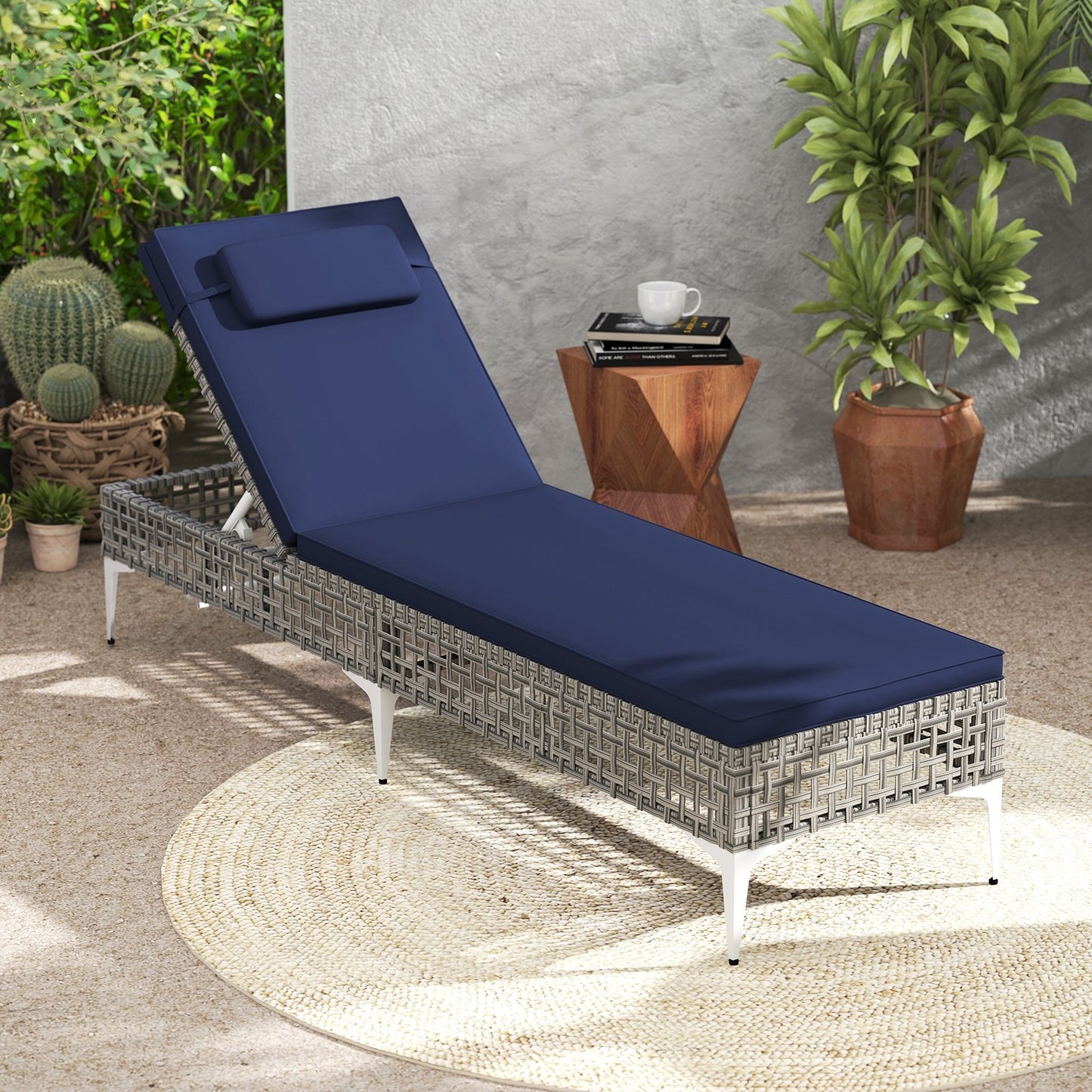 2 Pieces Patio Chaise Lounge Chair with 6-Level Adjustable Backrest and Headrest for Poolside-Navy