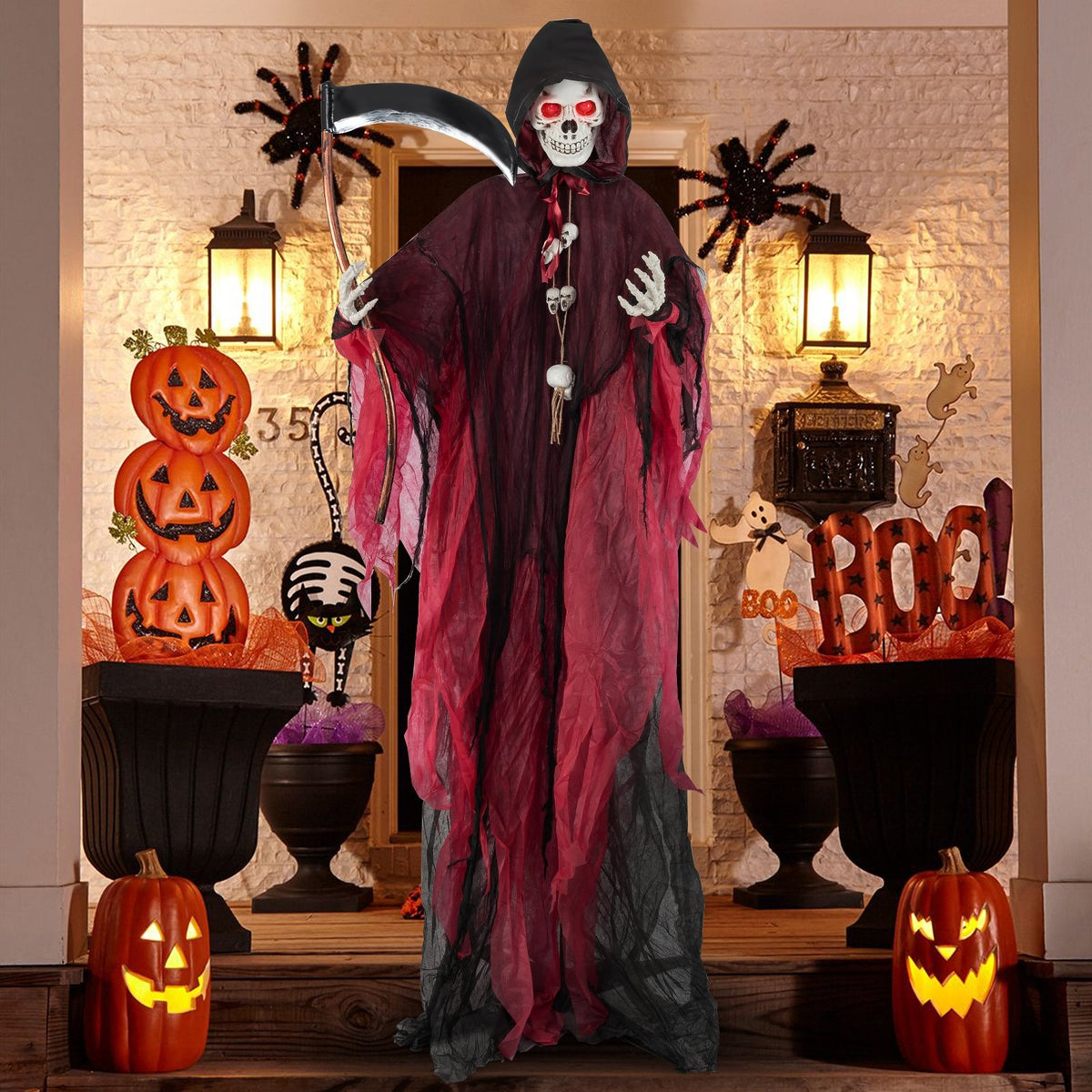 8-foot Halloween Grim Reaper decoration with lighted eyes and terrifying sounds, perfect for spooky holiday decor.