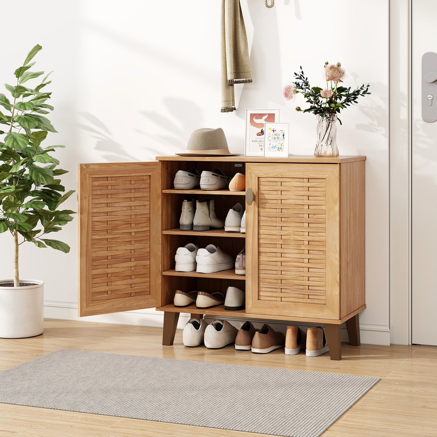 2-Door 4-Tier Shoe Cabinet Storage Organizer with Ventilated Woven Doors-Teak