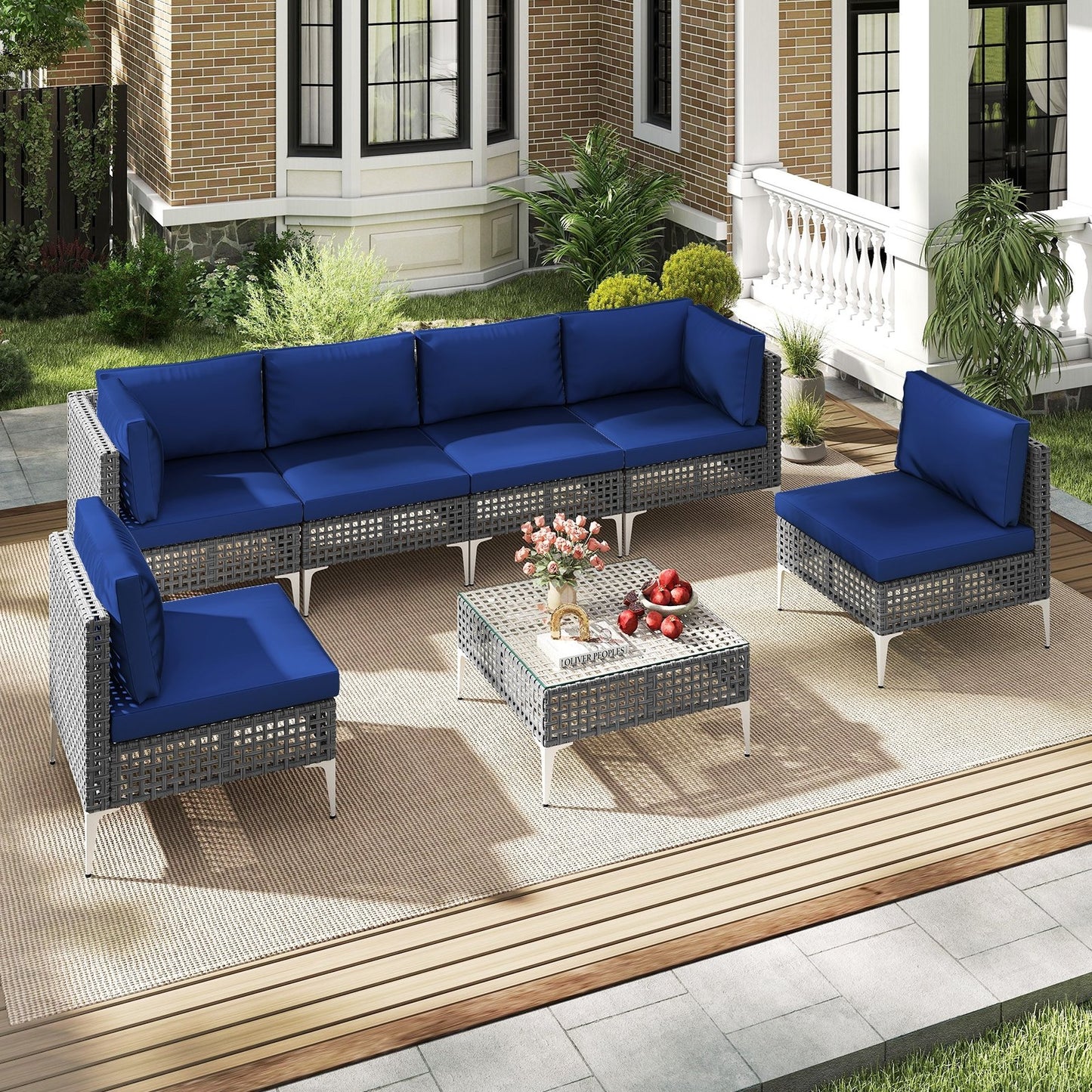 7 Piece Outdoor Furniture Set Wicker Chairs with Tempered Glass Coffee Table-Navy