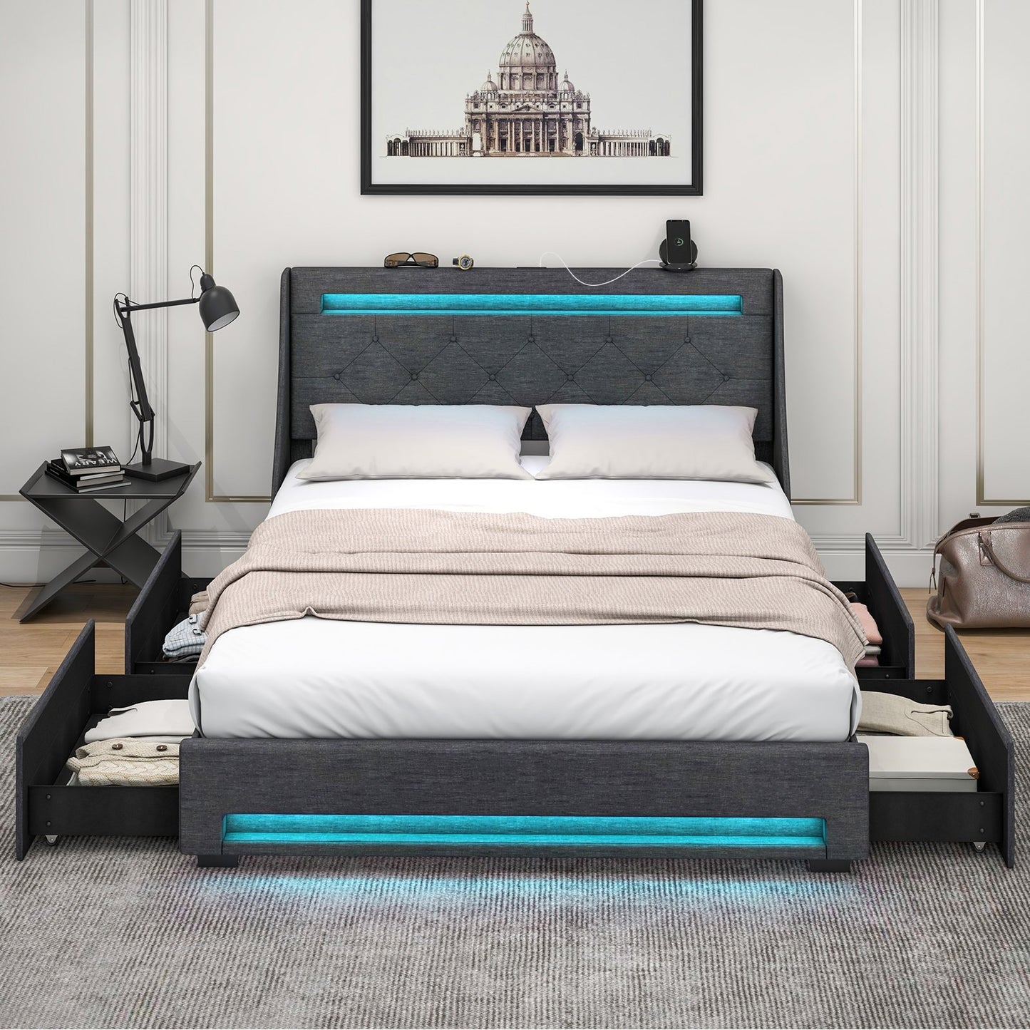 Full Size Bed Frame with LED Lights Wingback Headboard and Charging Station-Grey