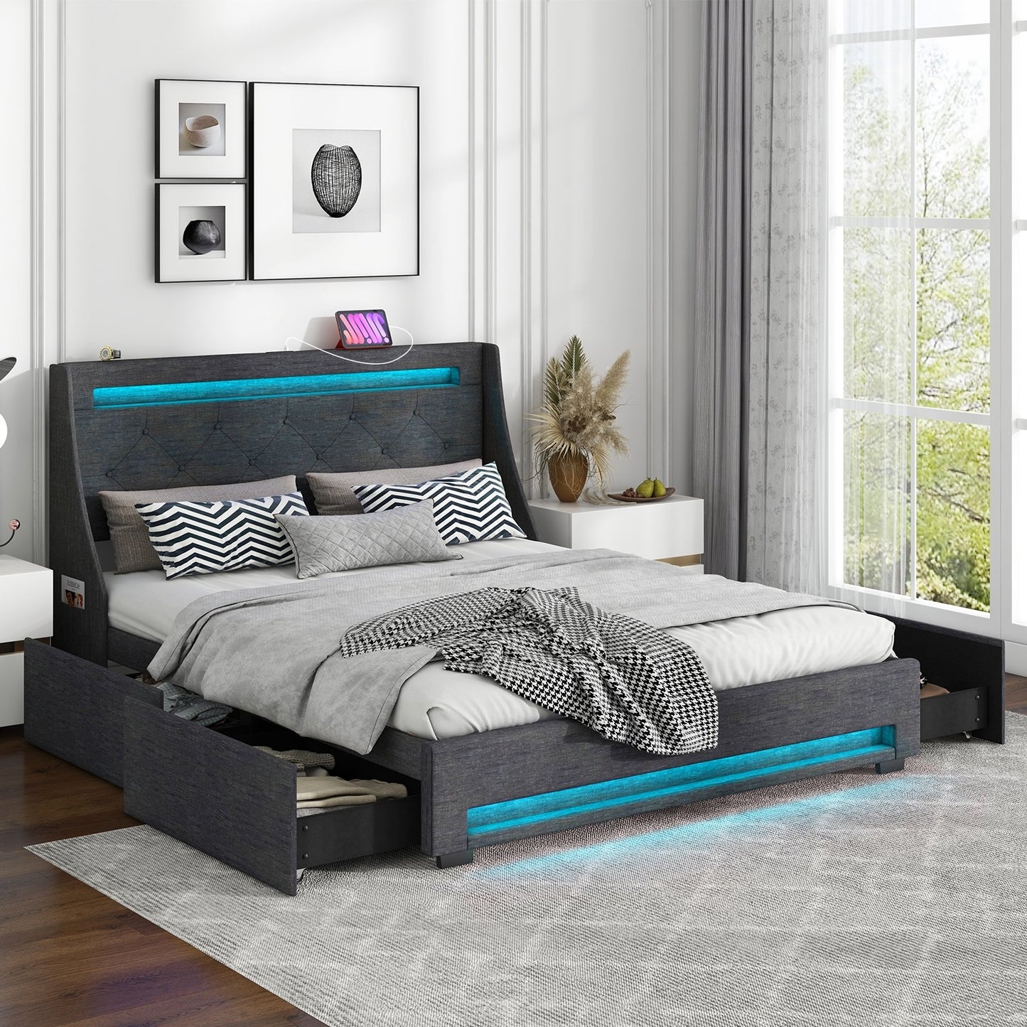 Full Size Bed Frame with LED Lights Wingback Headboard and Charging Station-Grey