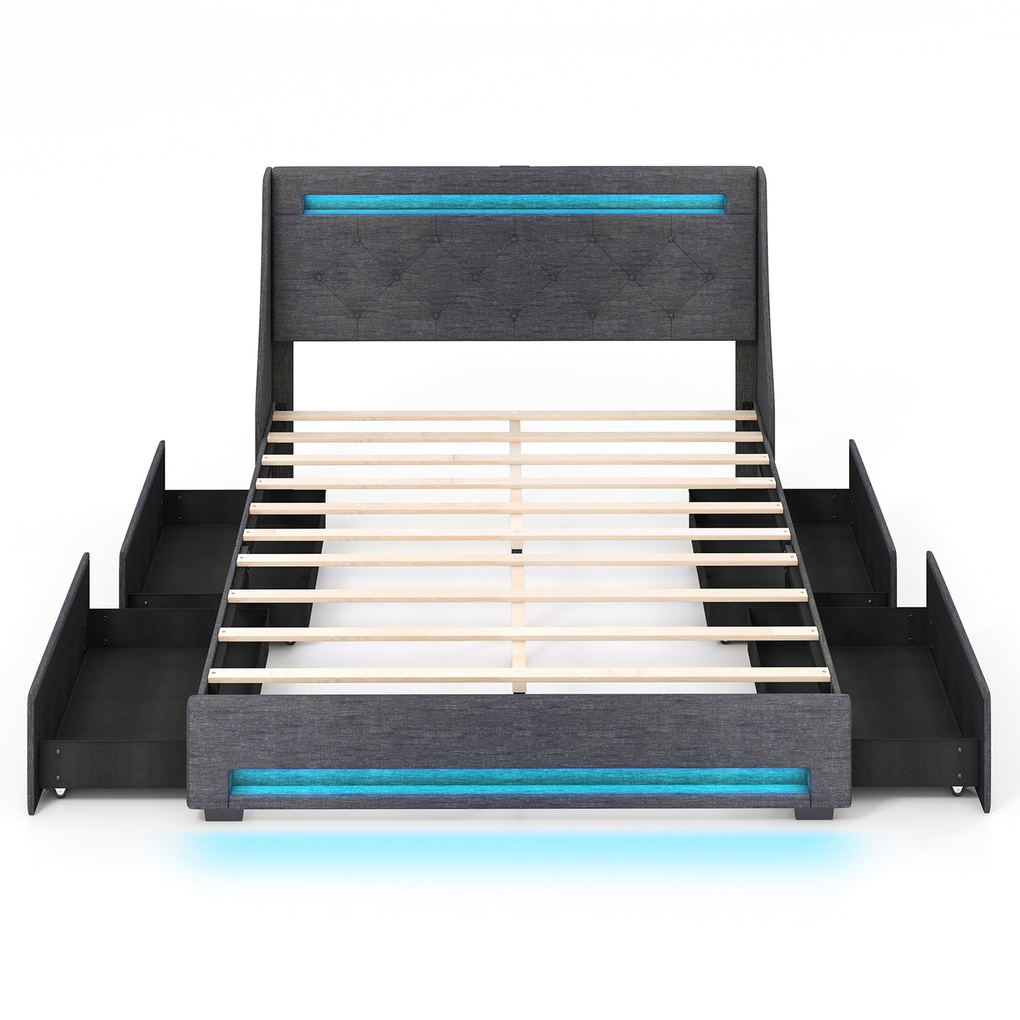 Full Size Bed Frame with LED Lights Wingback Headboard and Charging Station-Grey