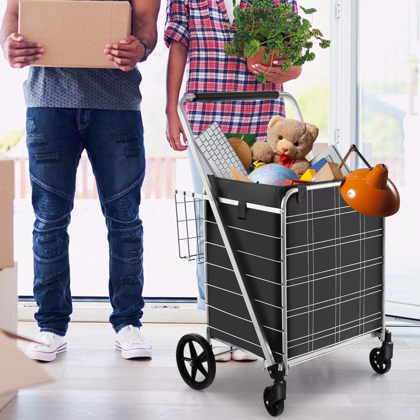 Folding Shopping Cart with Waterproof Liner Wheels and Basket-Black