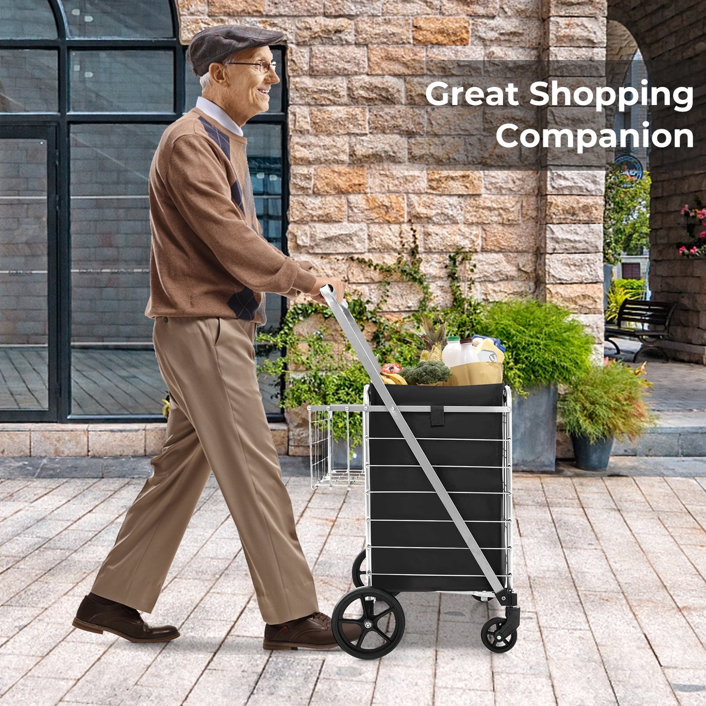 Folding Shopping Cart with Waterproof Liner Wheels and Basket-Black