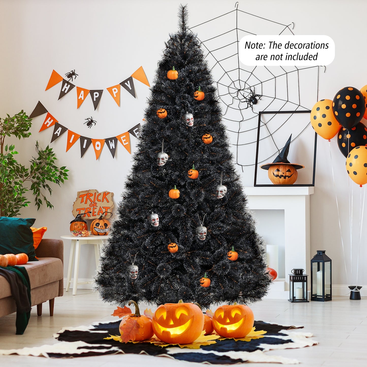 6/7/8 Feet Black Artificial Halloween Christmas Tree with PVC Branch Tips and 210/320/450 Cool White LED Lights-S