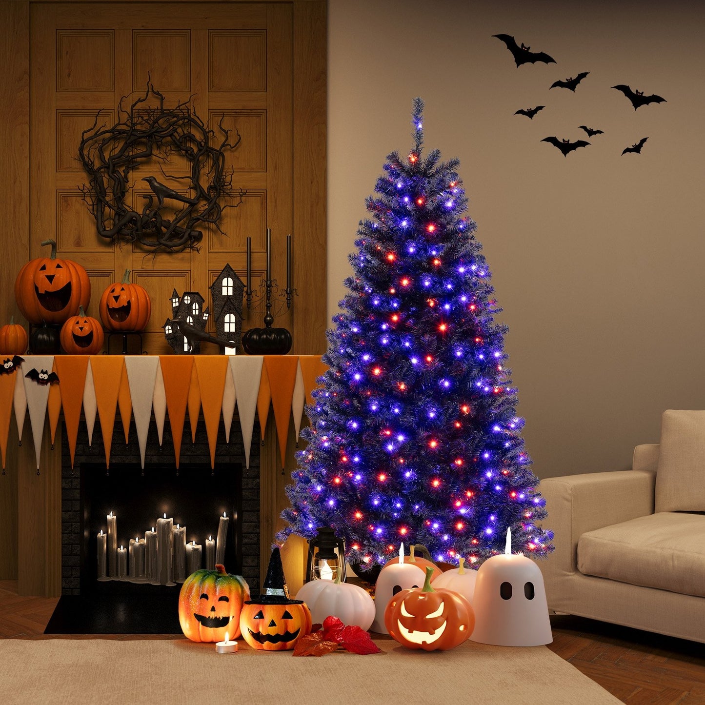 6/7/8 Feet Artificial Christmas Tree with 6 Lighting Modes and Spooky Sounds-7 ft