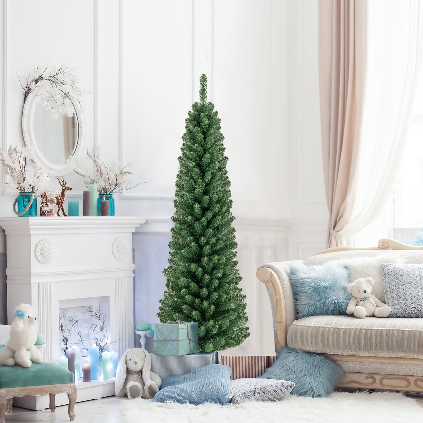 5/6/7/8 Feet Pencil Christmas Tree with 295/392/523/671 Memory Wire Branch Tips and Upgraded Metal Stand-8 ft