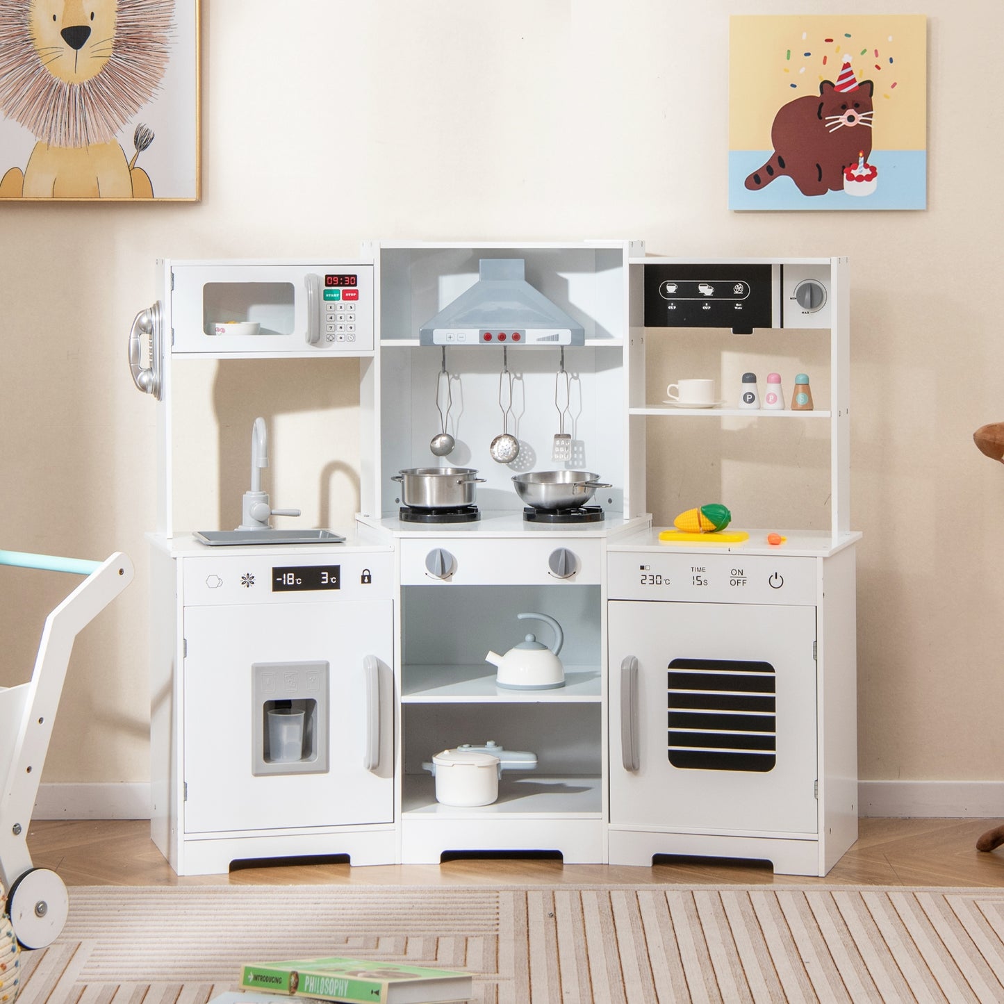 Pretend Play Kitchen Wooden Toy Set with Range Hood Real Sounds and Lights-Brown