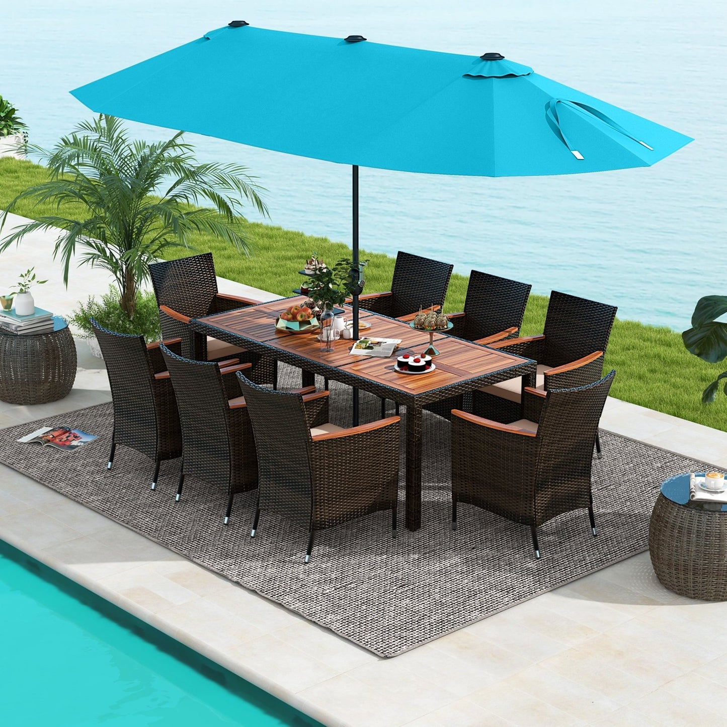 9 Piece Outdoor Dining Set with 15 Feet Double-Sided Twin Patio Umbrella-Beige