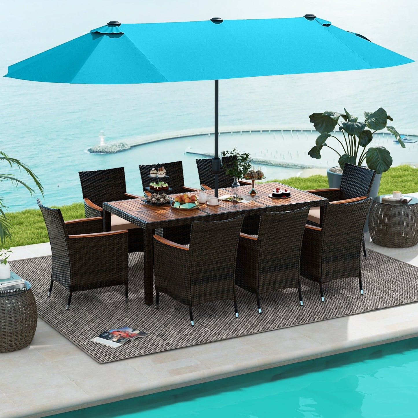 9 Piece Outdoor Dining Set with 15 Feet Double-Sided Twin Patio Umbrella-Beige