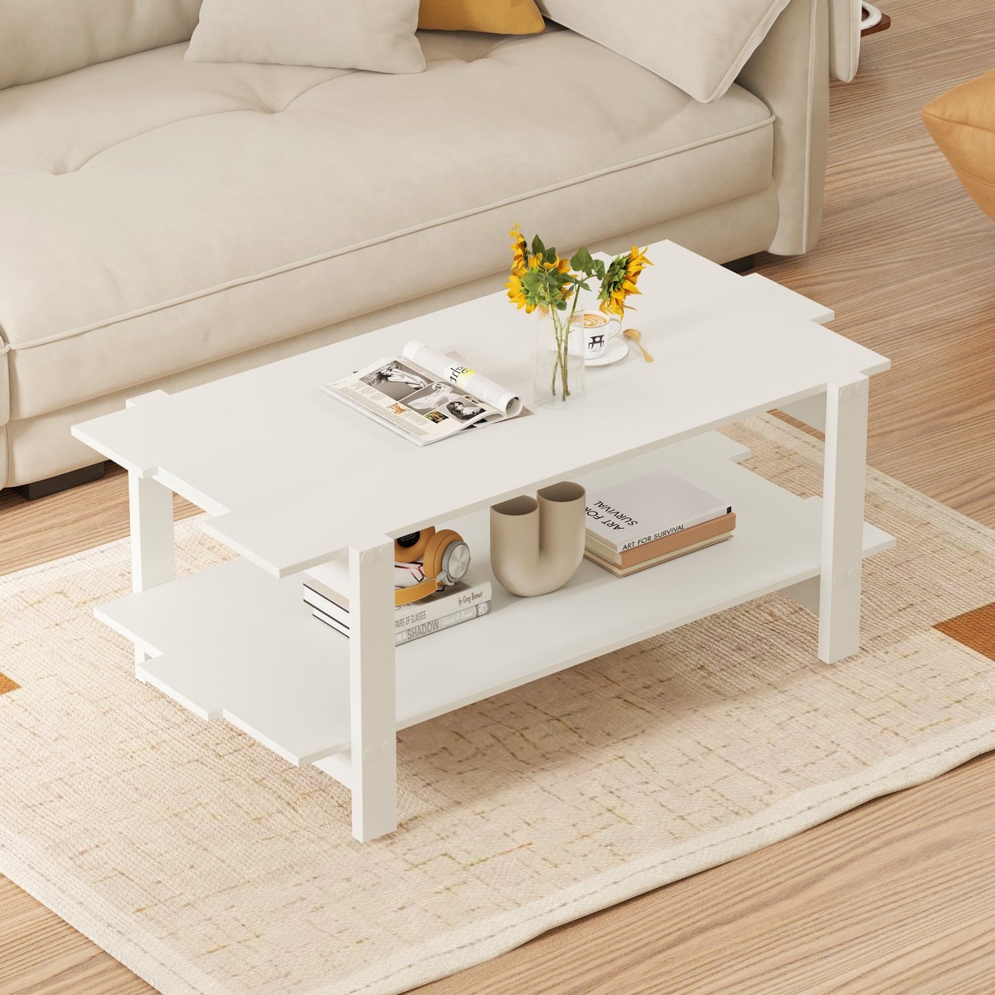 2-Tier Coffee Table Slatted Wood Center Table with Storage Shelf-Black