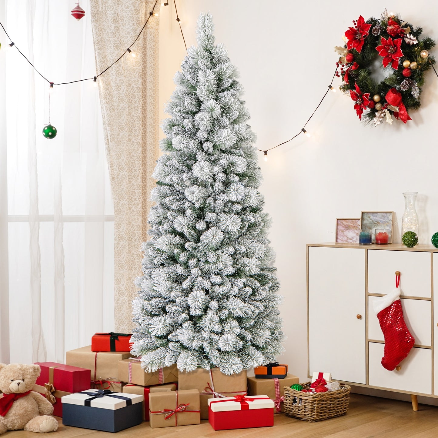 7 Feet Flocked Christmas Tree with Pine Needles and LED Lights
