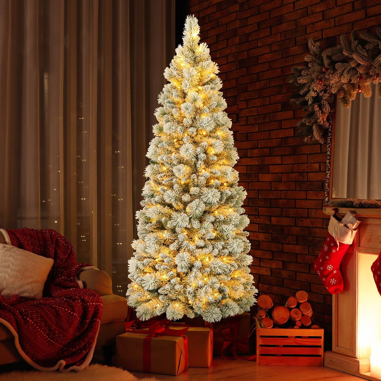7 Feet Flocked Christmas Tree with Pine Needles and LED Lights