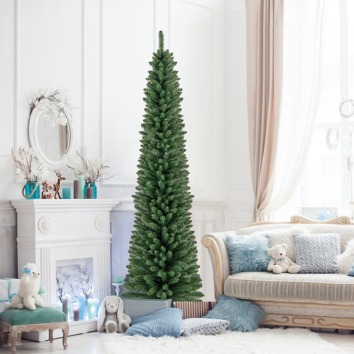 5/6/7/8 Feet Pencil Christmas Tree with 295/392/523/671 Memory Wire Branch Tips and Upgraded Metal Stand-8 ft