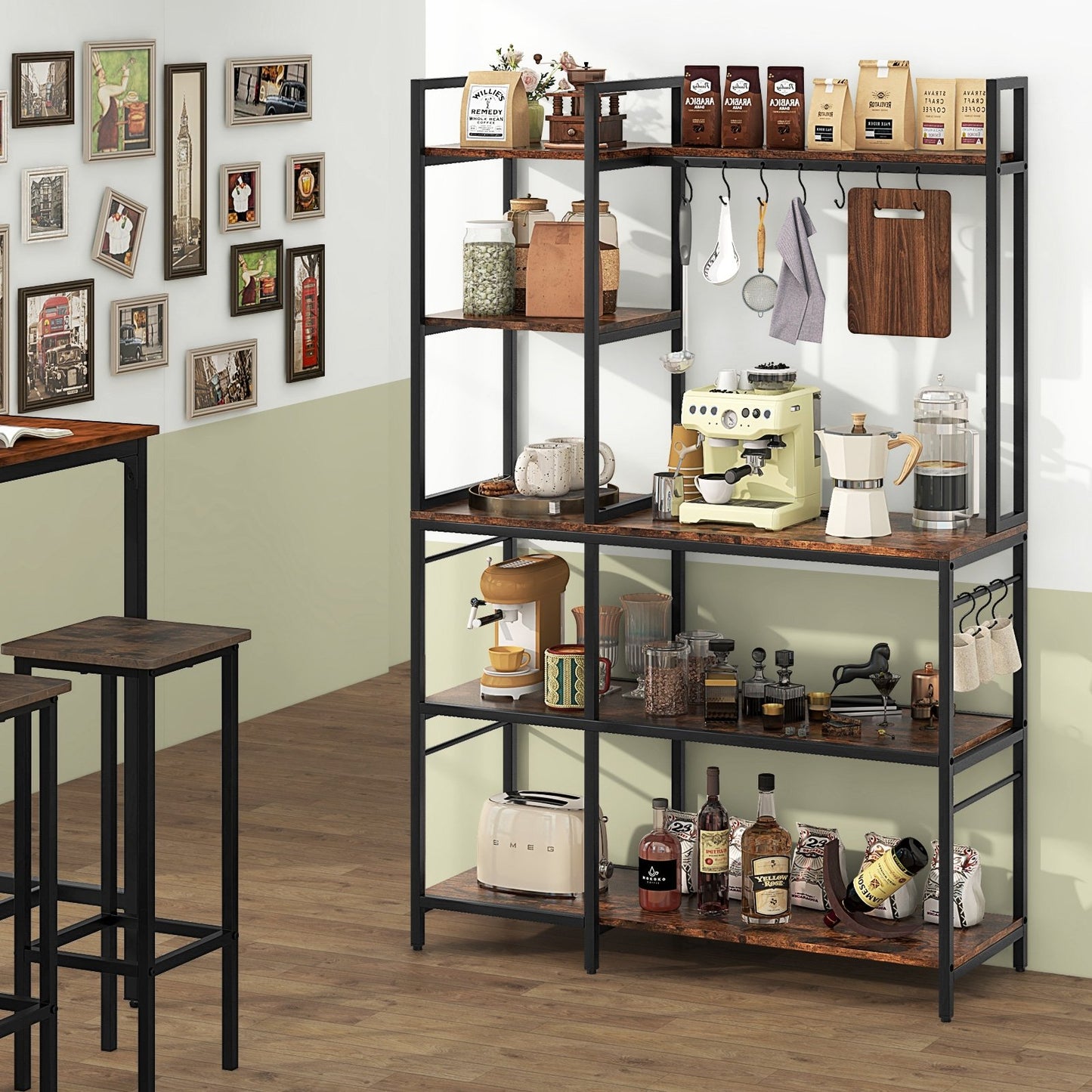 5-Tier Bakers Rack with Power Outlets and 10 S-Shaped Hooks-Black