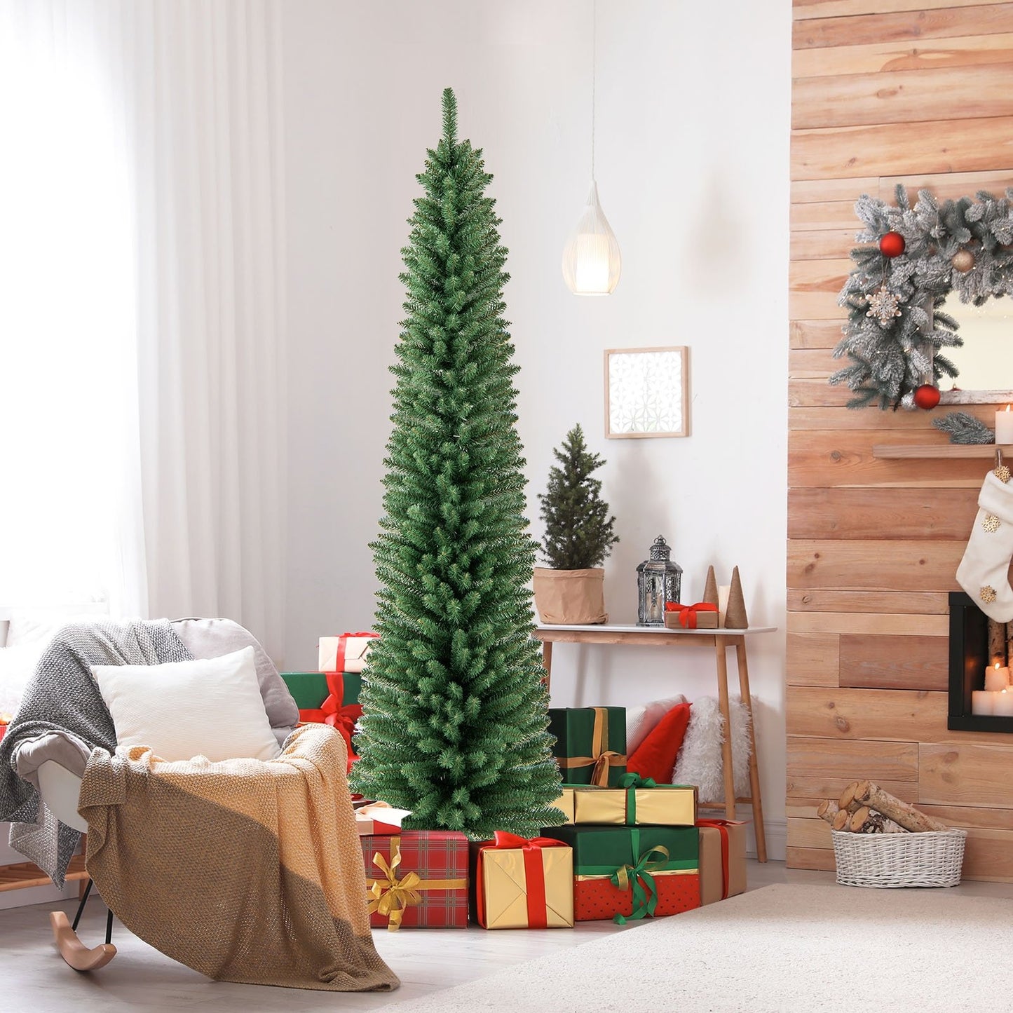 Pencil Christmas Tree with Memory Wire Branch Tips and Warm LED Lights-7FT