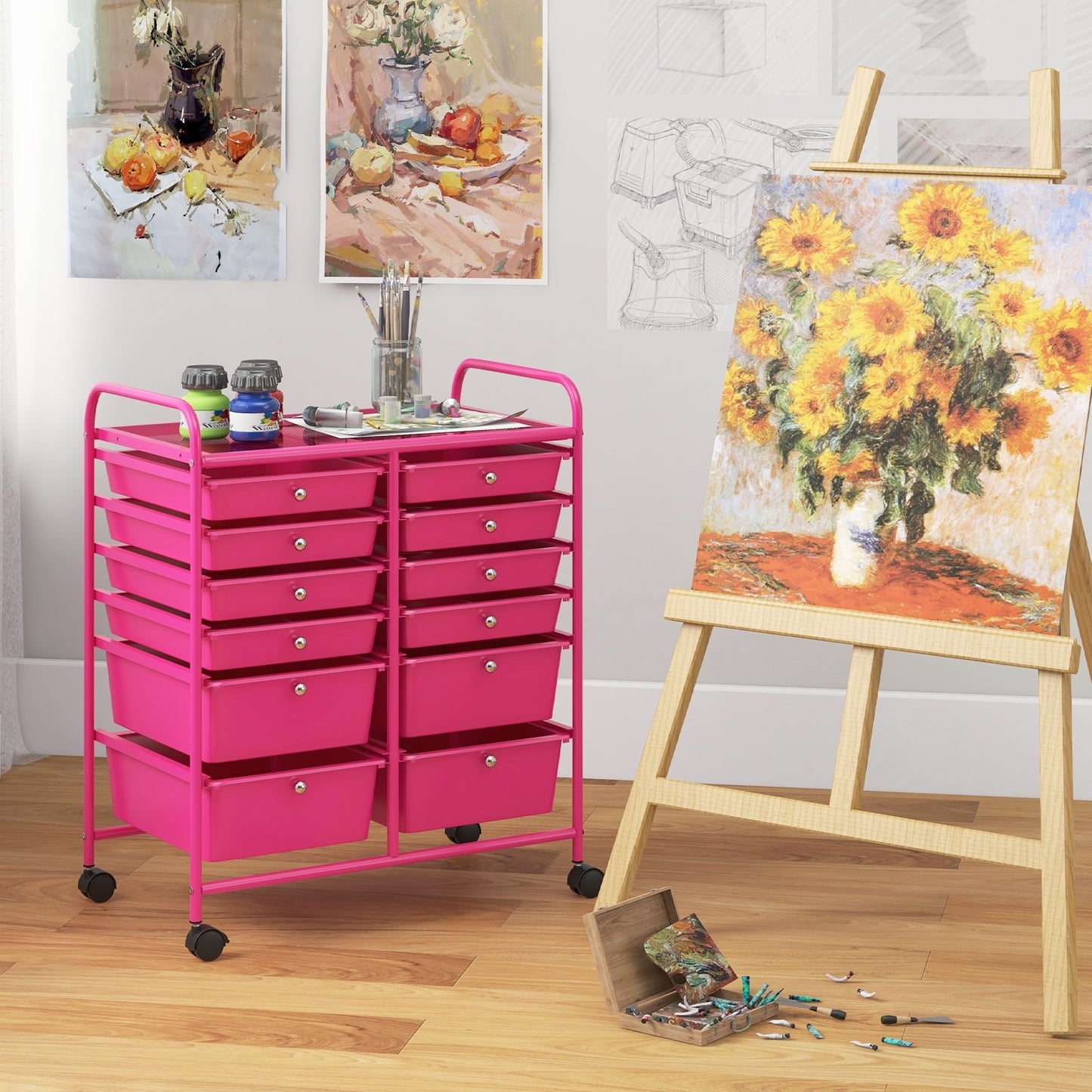 12-Drawer Rolling Storage Cart with Removable Drawers and Lockable Wheels-White