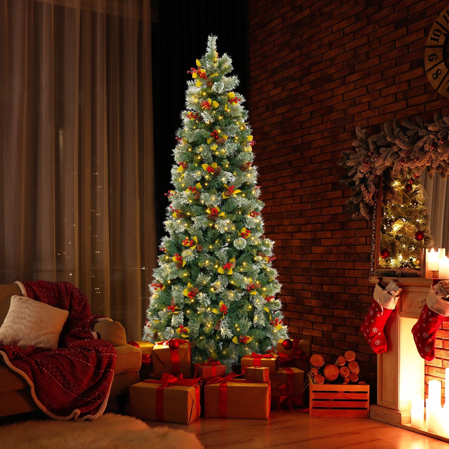 5/7.5/9 FT Pre-Lit Artificial Christmas Tree with 453/1096/1416 PVC and Pine Needles-S