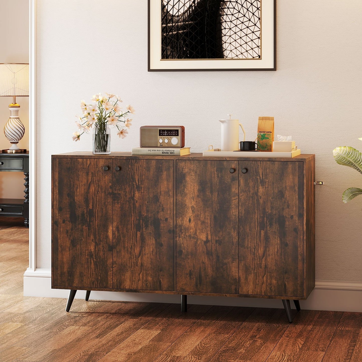 Buffet Sideboard Mid Century Modern Storage Cabinet with Adjustable Shelves-Rustic Brown