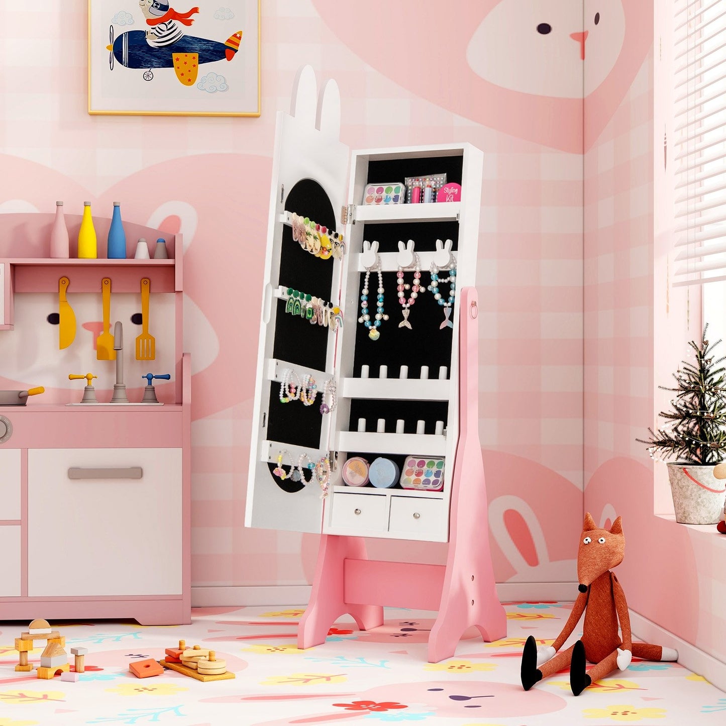 Kids Jewelry Armoire Cabinet with 2 Tilt Angles and Large Capacity-Pink