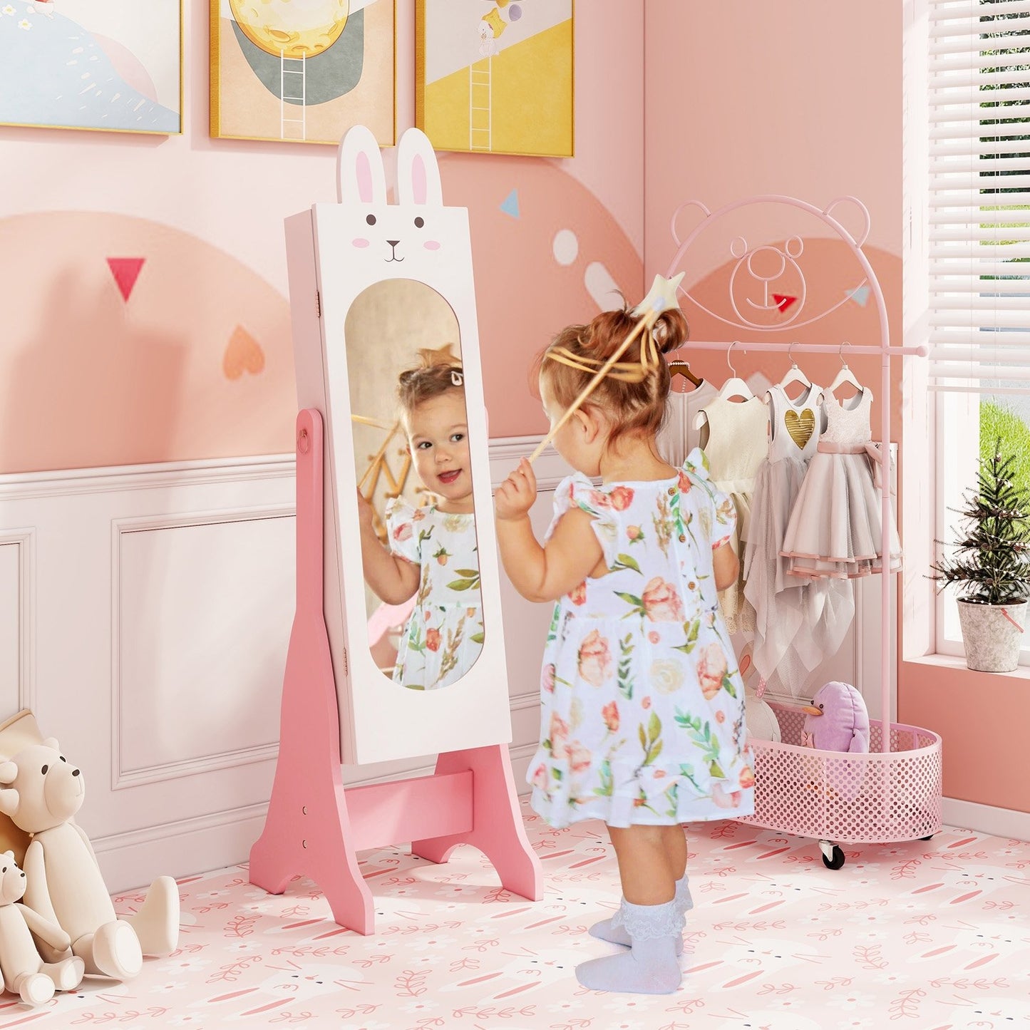 Kids Jewelry Armoire Cabinet with 2 Tilt Angles and Large Capacity-Pink
