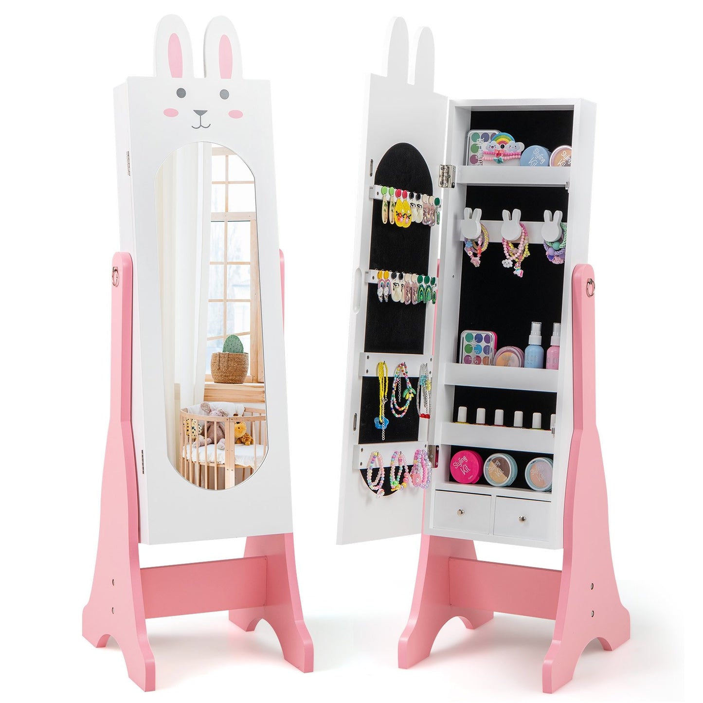 Kids Jewelry Armoire Cabinet with 2 Tilt Angles and Large Capacity-Pink