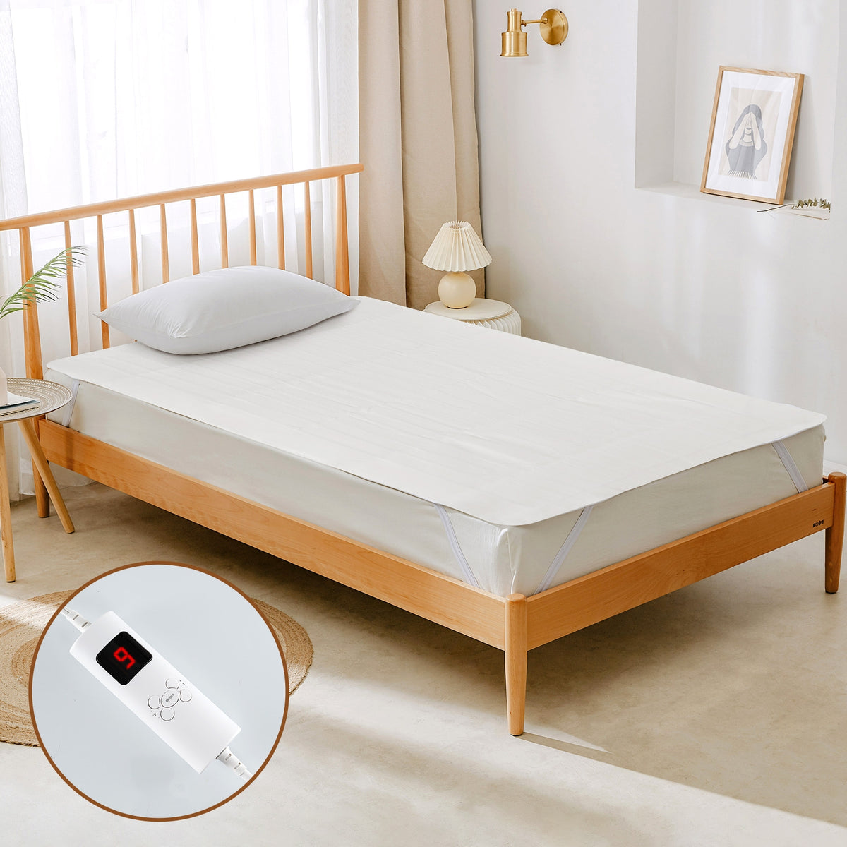 Electric bed warmer with dual controllers, 9 heat settings, auto off, and overheat protection for twin beds.