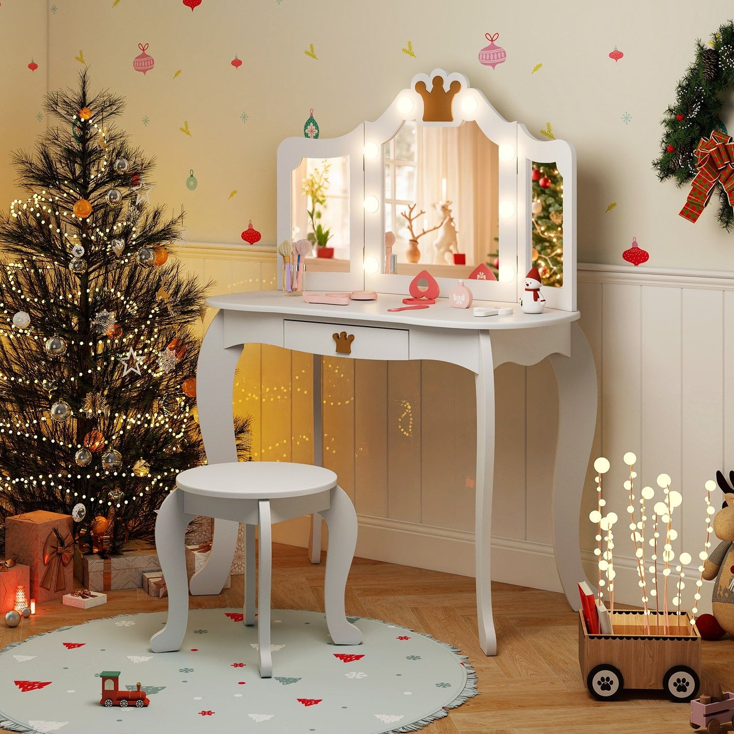 Kids Vanity Set with Tri-fold Lighted Mirror Detachable Top and Stool-Pink