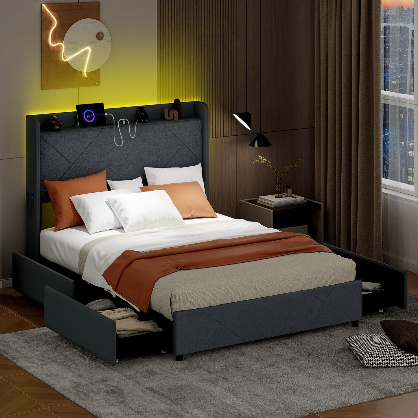 Full/Queen Size Bed Frame with LED Lights and Charging Station-Queen Size