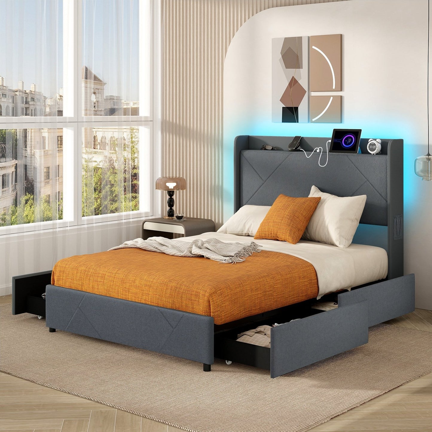 Full/Queen Size Bed Frame with LED Lights and Charging Station-Queen Size