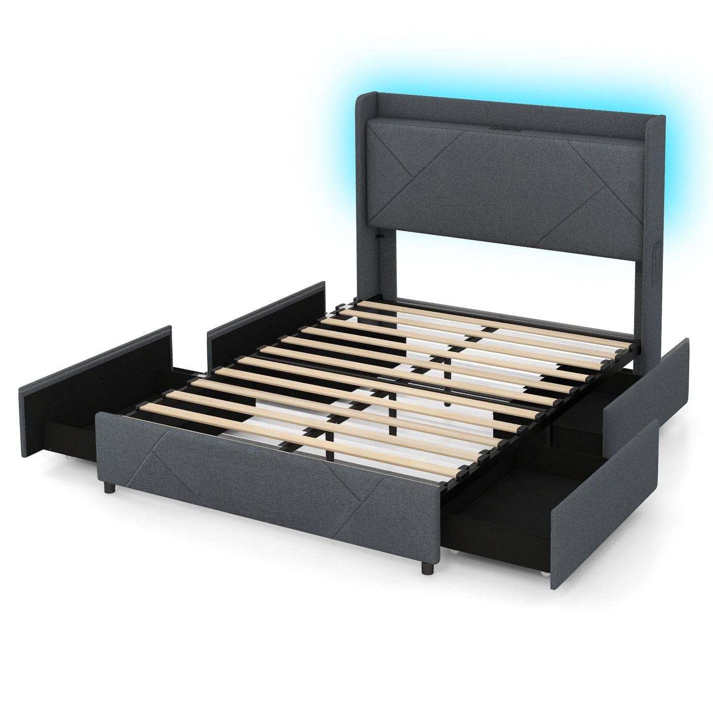 Full/Queen Size Bed Frame with LED Lights and Charging Station-Queen Size