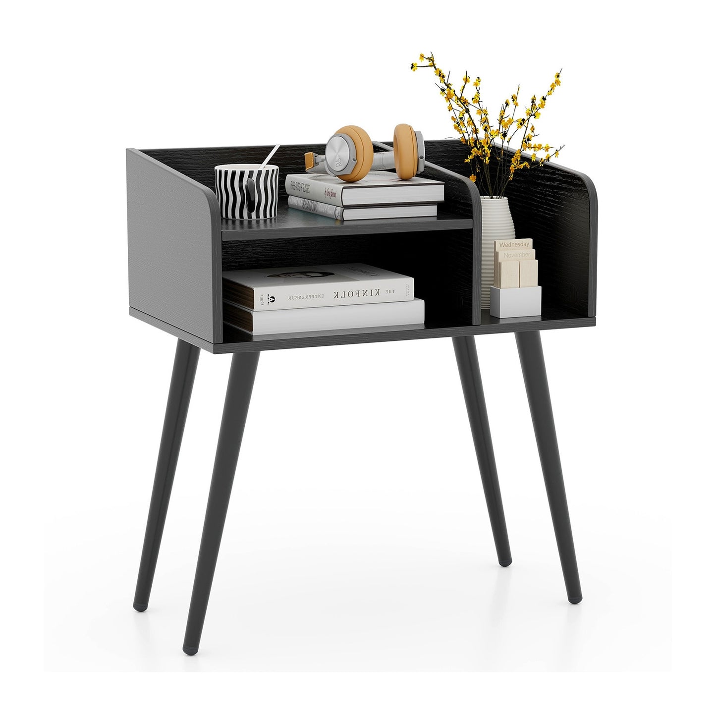 Mid Century Modern Nightstand with Open Shelves-Black