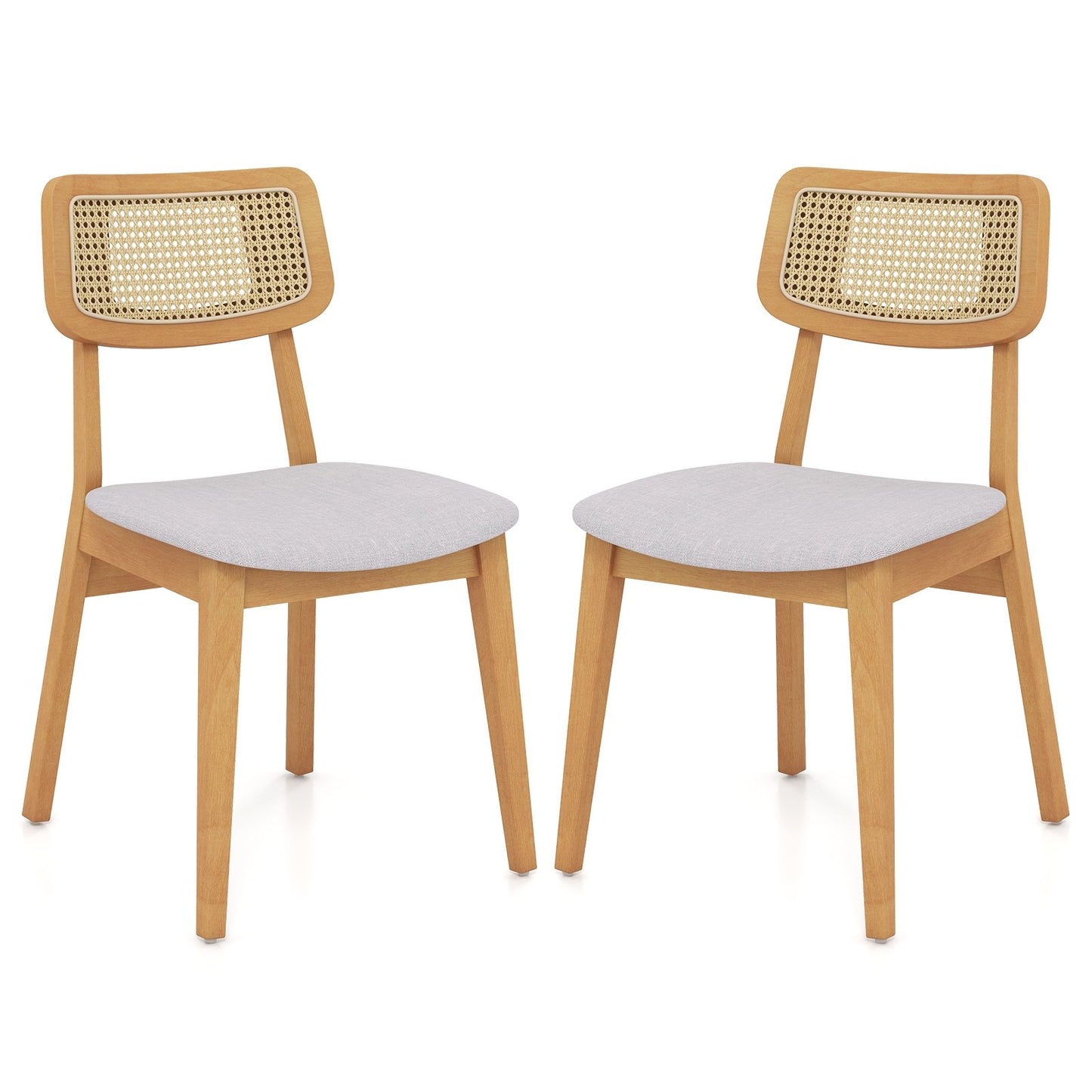 Rattan Dining Chair Set of 2 with Can Back and Rubber Wood Frame-Natural
