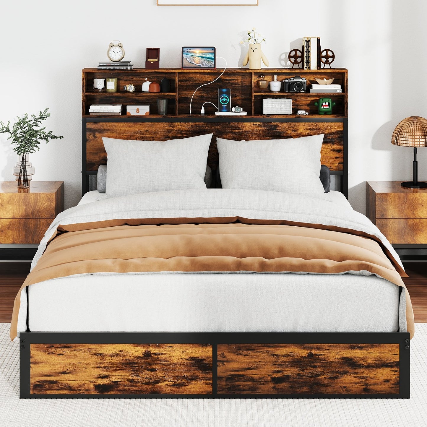 Full/King Size Bed Frame with Storage Headboard Industrial Metal Platform Bed-Full Size