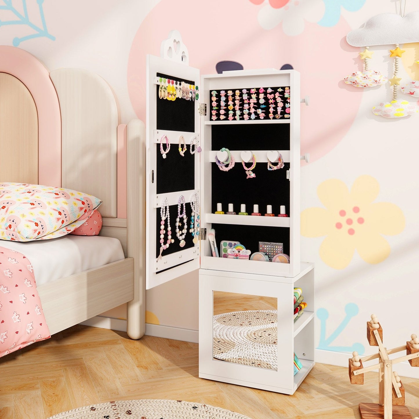 3-in-1 Freestanding Kids Jewelry Cabinet Armoire with Full Length Mirror-Pink