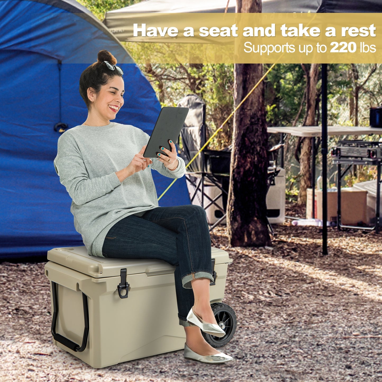 75 Quart Portable Cooler Rotomolded Ice Chest with Handles and Wheels-Gray