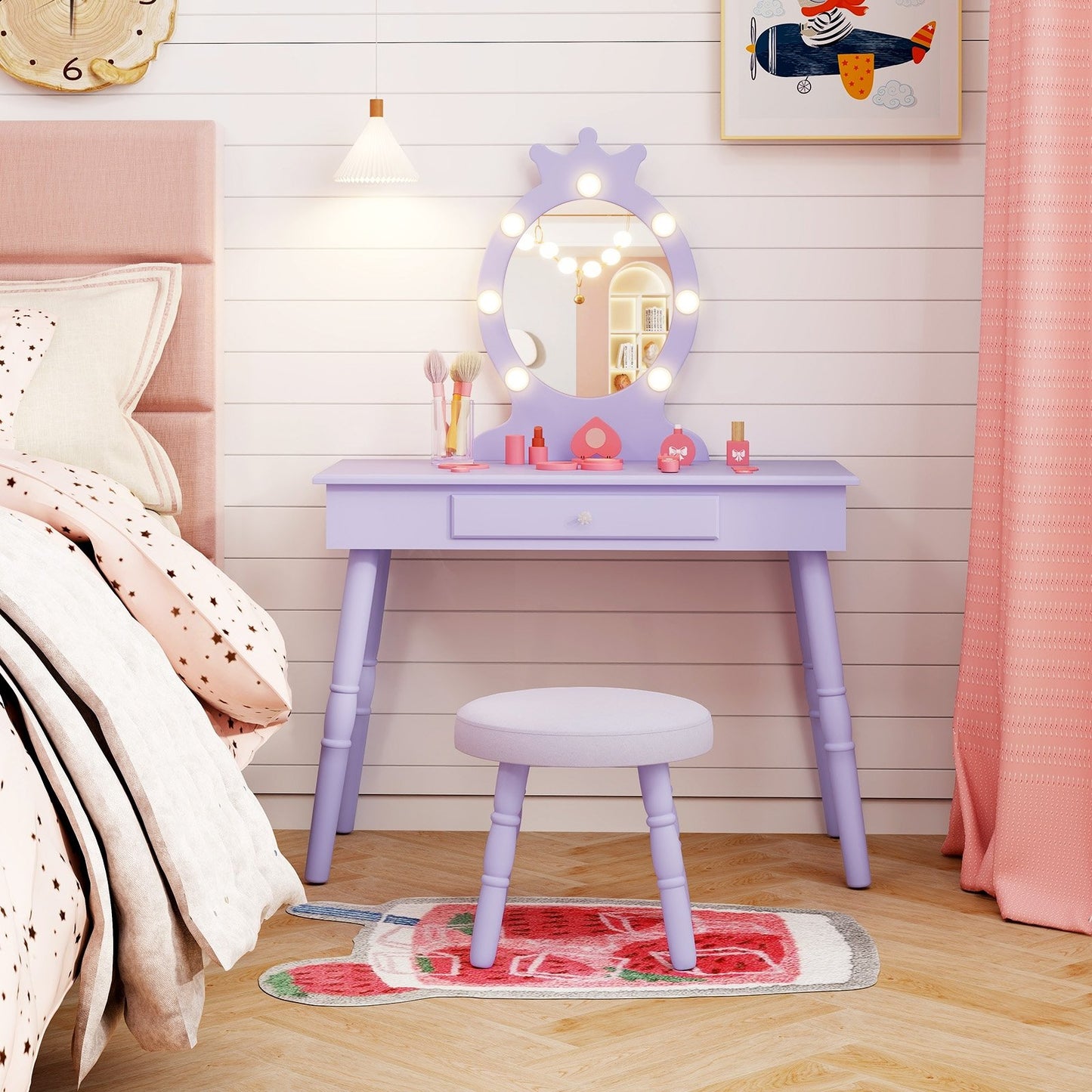 Kids Vanity Set with Lighted Mirror with Adjustable Brightness and Large Drawer-Pink
